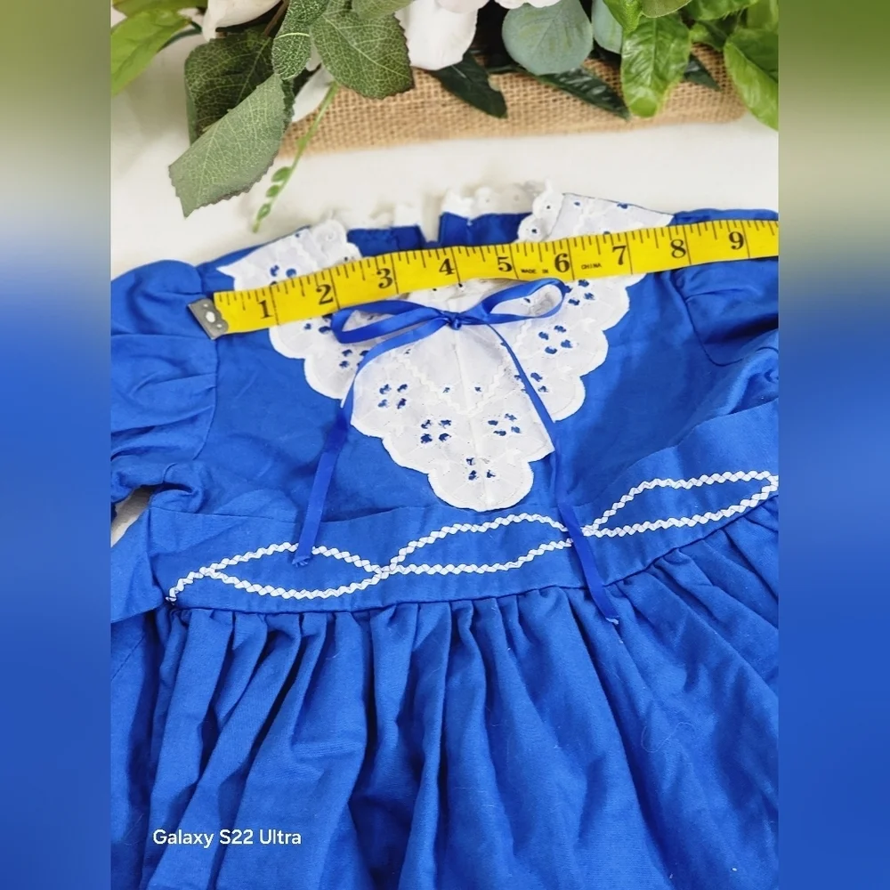 Vintaje Blue Dress with White Lace Trim
